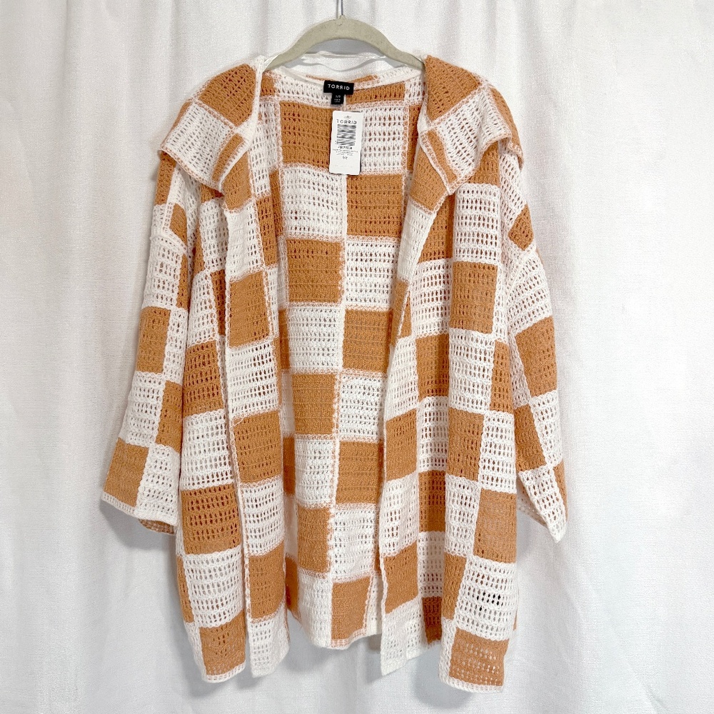 Torrid Crochet Open Front Hoodie Cardigan Check - Peach Bloom Size 1/2